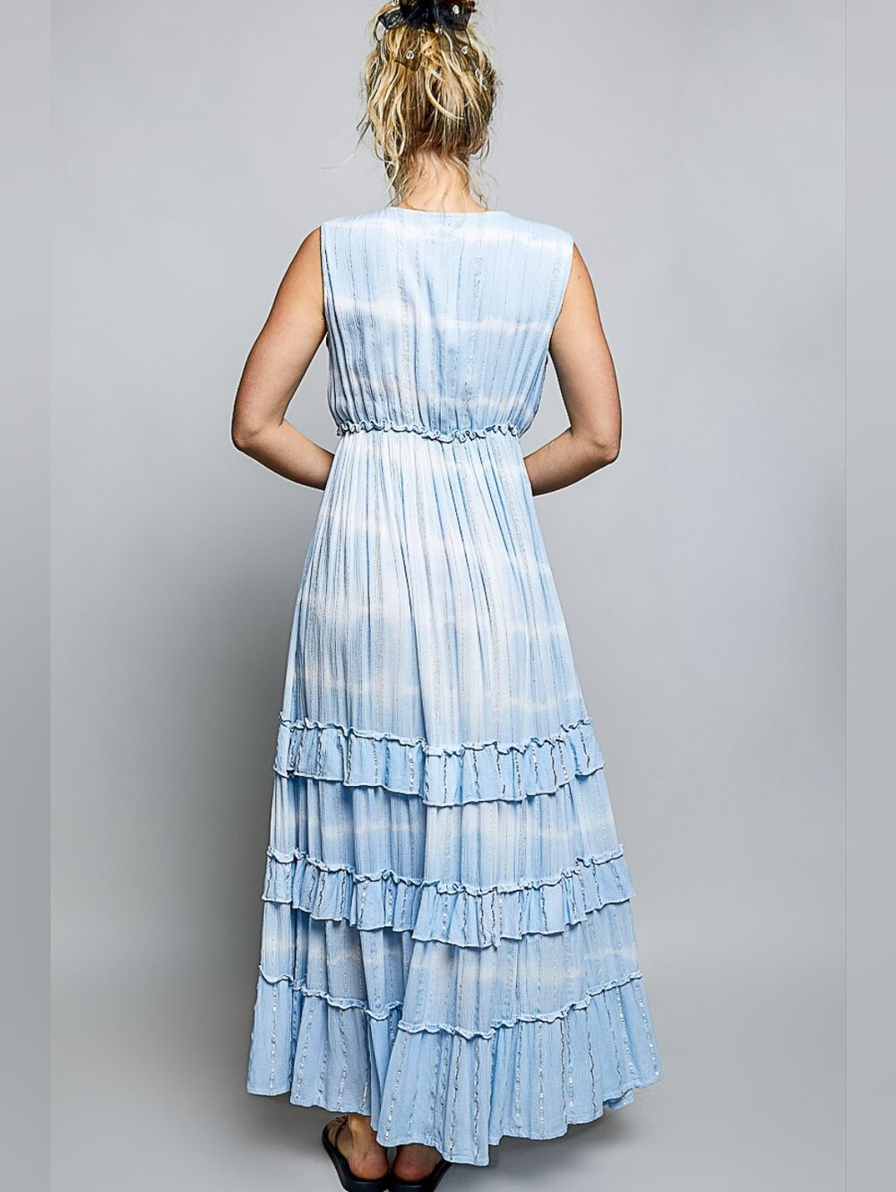 New POL Bohemian Sleeveless Sequin Tassel Ruffled Maxi Dress Sky Blue Size S/M/L - Picture 5 of 6